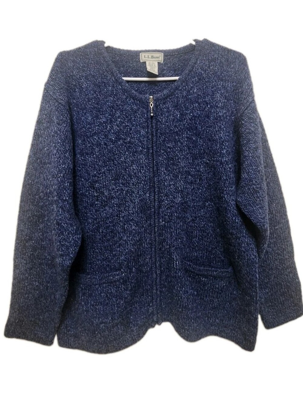 Vtg L.L. Bean Wool Cardigan Sweater L Blue Full Zip Kurt Cobain Cozy Cabincore